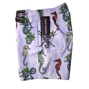 PSYCHO TUNA Seahorse Swim Trunks Board Pool Shorts Men's Purple Size L Stretch